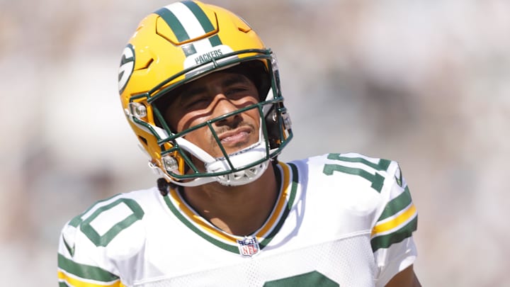 Green Bay Packers quarterback Jordan Love (10) reacts after an injury against the Jacksonville Jaguars during the second quarter at EverBank Stadium.