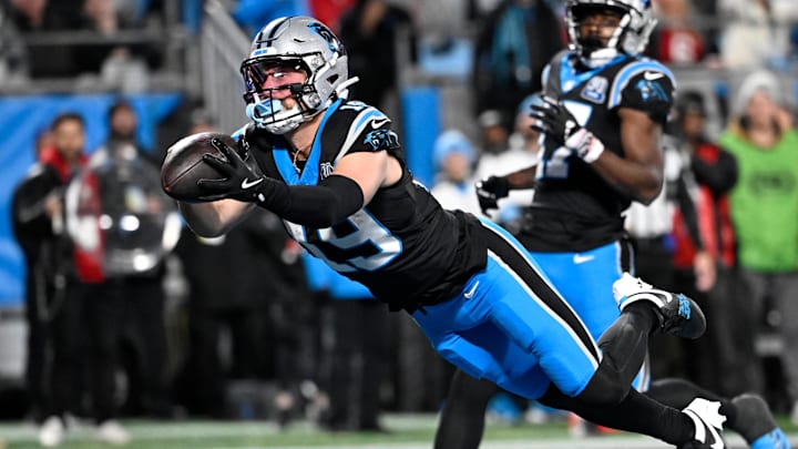 Dec 1, 2024; Charlotte, North Carolina, USA;  Carolina Panthers wide receiver Adam Thielen (19) attempts to catch the ball in the end zone in the second quarter at Bank of America Stadium. Mandatory Credit: Bob Donnan-Imagn Images