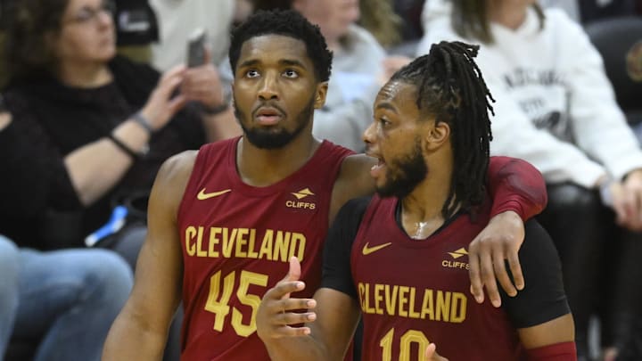 Apr 12, 2024; Cleveland, Ohio, USA; Cleveland Cavaliers guard Donovan Mitchell (45) and guard Darius Garland (10) talk in the fourth quarter against the Indiana Pacers at Rocket Mortgage FieldHouse. Mandatory Credit: David Richard-Imagn Images Apr 12, 2024; Cleveland, Ohio, USA; Cleveland Cavaliers guard Donovan Mitchell (45) and guard Darius Garland (10) talk in the fourth quarter against the Indiana Pacers at Rocket Mortgage FieldHouse. Mandatory Credit: David Richard-Imagn Images