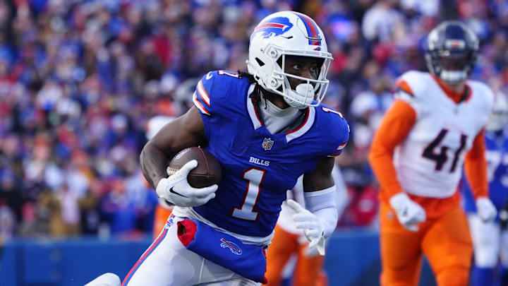 Jan 12, 2025; Orchard Park, New York, USA; Buffalo Bills wide receiver Curtis Samuel (1) runs for touchdown during the fourth quarter against the Denver Broncos in an AFC wild card game at Highmark Stadium. Mandatory Credit: Gregory Fisher-Imagn Images Jan 12, 2025; Orchard Park, New York, USA; Buffalo Bills wide receiver Curtis Samuel (1) runs for touchdown during the fourth quarter against the Denver Broncos in an AFC wild card game at Highmark Stadium. Mandatory Credit: Gregory Fisher-Imagn Images