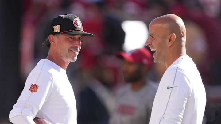 San Francisco 49ers head coach Kyle Shanahan (left) and defensive coordinator Robert Saleh (right)