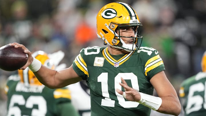 Green Bay Packers quarterback Jordan Love (10) looks downfield against the Philadelphia Eagles on Monday night.