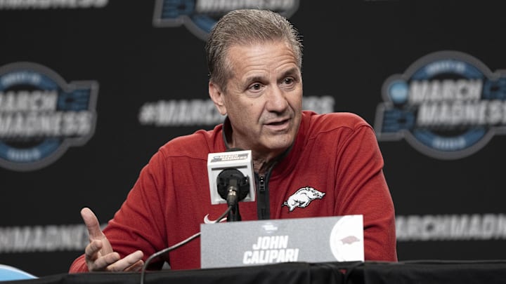 Arkansas Razorbacks coach John Calipari addresses the media in a press conference during NCAA Tournament West Regional Practice at Chase Center.