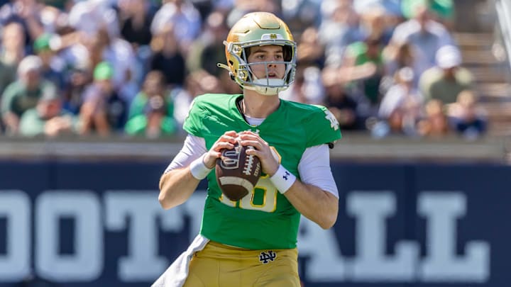Apr 12, 2025; Notre Dame, IN, USA; Notre Dame Fighting Irish quarterback Steve Angeli (18) looks to pass during the Blue-Gold game at Notre Dame Stadium. Mandatory Credit: Michael Caterina-Imagn Images Apr 12, 2025; Notre Dame, IN, USA; Notre Dame Fighting Irish quarterback Steve Angeli (18) looks to pass during the Blue-Gold game at Notre Dame Stadium. Mandatory Credit: Michael Caterina-Imagn Images