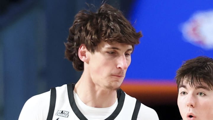 Nov 28, 2024;  Paradise Island, Bahamas, BHS; Davidson Wildcats forward Sean Logan (15) dribbles as Providence Friars center Anton Bonke (5) defends during the first half at the Imperial Arena at the Atlantis Resort.