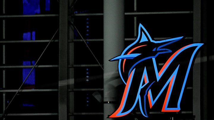 Sep 11, 2020; Miami, Florida, USA; A general view of a illuminated Miami Marlins logo in center field after the Miami Marlins and Philadelphia Phillies split a double header at Marlins Park. Mandatory Credit: Jasen Vinlove-Imagn Images