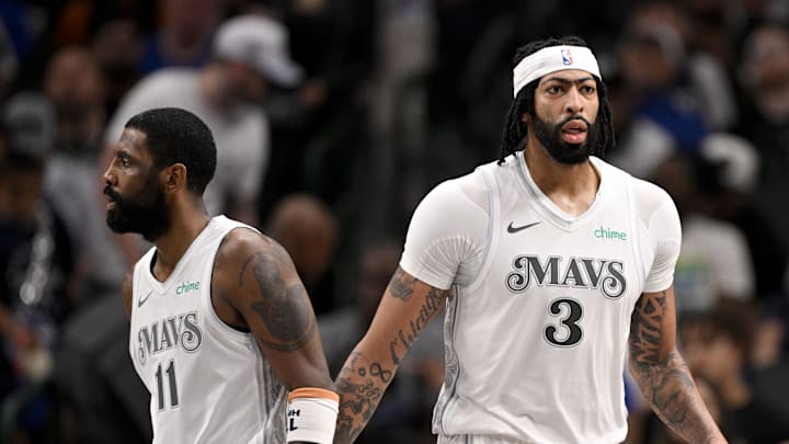 Feb 8, 2025; Dallas, Texas, USA; Dallas Mavericks guard Kyrie Irving (11) and forward Anthony Davis (3) during the game between the Dallas Mavericks and the Houston Rockets at the American Airlines Center. Mandatory Credit: Jerome Miron-Imagn Images
