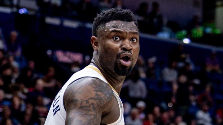 Feb 25, 2025; New Orleans, Louisiana, USA;  New Orleans Pelicans forward Zion Williamson (1) reacts to a play against the San Antonio Spurs during the first half at Smoothie King Center. Mandatory Credit: Stephen Lew-Imagn Images