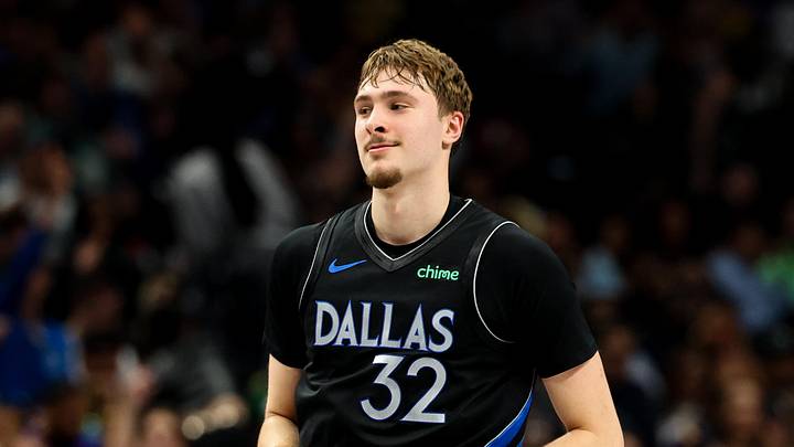 Apr 5, 2026; Dallas, Texas, USA;  Dallas Mavericks forward Cooper Flagg (32) reacts after scoring during the first half against the Los Angeles Lakers at American Airlines Center. Mandatory Credit: Kevin Jairaj-Imagn Images