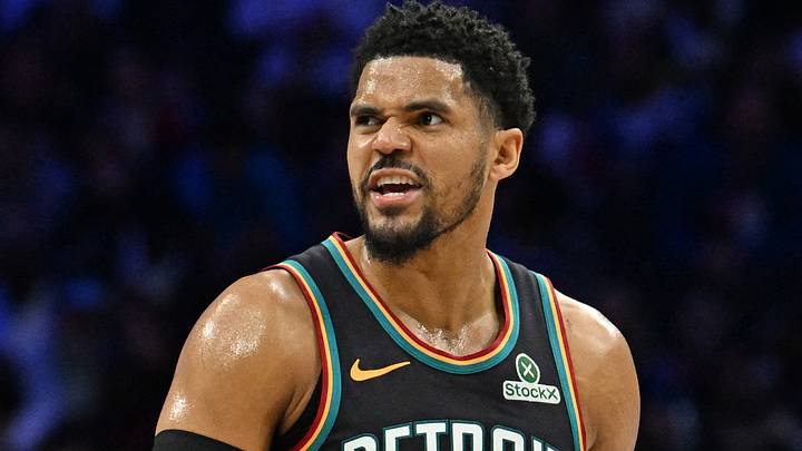 Apr 4, 2026; Philadelphia, Pennsylvania, USA; Detroit Pistons forward Tobias Harris (12) reacts after a basket  against the Philadelphia 76ers during the second half at Xfinity Mobile Arena. Mandatory Credit: Eric Hartline-Imagn Images