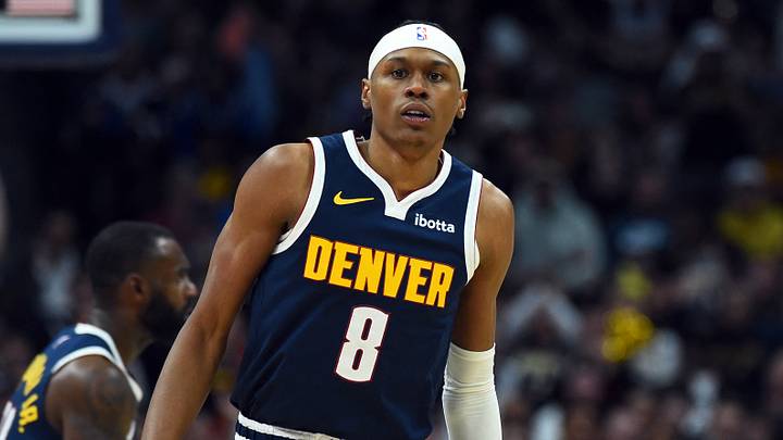 Mar 27, 2026; Denver, Colorado, USA; Denver Nuggets guard Peyton Watson (8) after making a basket during the second half against the Utah Jazz at Ball Arena. Mar 27, 2026; Denver, Colorado, USA; Denver Nuggets guard Peyton Watson (8) after making a basket during the second half against the Utah Jazz at Ball Arena.