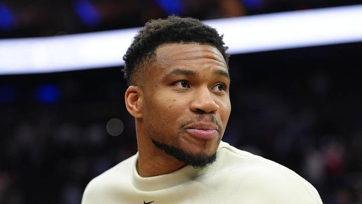Milwaukee Bucks forward Giannis Antetokounmpo looks on after the game against the Philadelphia 76ers at Xfinity Mobile Arena on Apr 12, 2026.