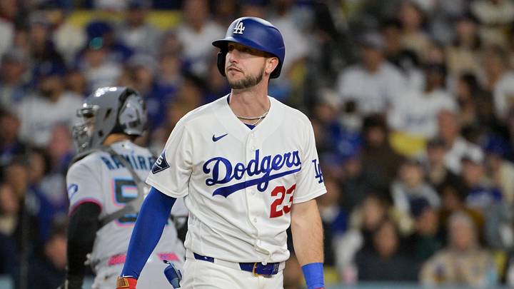 Los Angeles, California, USA; Los Angeles Dodgers right fielder Kyle Tucker (23) reacts to striking out against the Miami Marlins during the third inning at Dodger Stadium. Mandatory Credit: Jayne Kamin-Oncea-Imagn Images