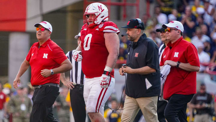 Sep 30, 2023; Lincoln, Nebraska, USA; Nebraska Cornhuskers defensive lineman Nash Hutmacher (0) and head coach Matt Rhule during the third quarter of the Huskers' game against Michigan. Sep 30, 2023; Lincoln, Nebraska, USA; Nebraska Cornhuskers defensive lineman Nash Hutmacher (0) and head coach Matt Rhule during the third quarter of the Huskers' game against Michigan.
