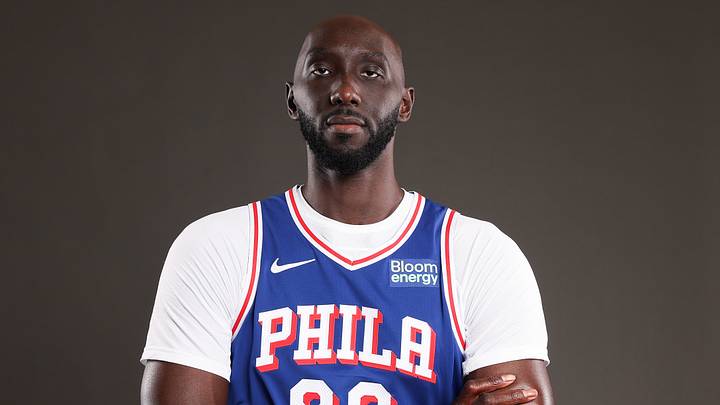 Sep 28, 2026; Camden, NJ, USA; Philadelphia 76ers Tacko Fall poses for a photo during media day. Mandatory Credit: Bill Streicher-Imagn Images