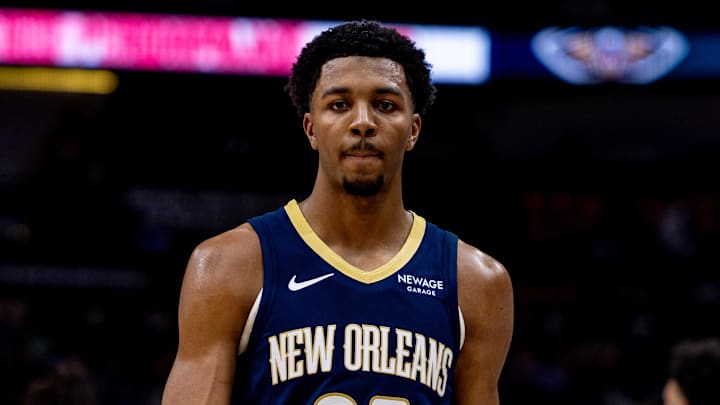 Feb 23, 2025; New Orleans, Louisiana, USA;  New Orleans Pelicans guard Trey Murphy III (25) looks on against the San Antonio Spurs during the first half at Smoothie King Center. Mandatory Credit: Stephen Lew-Imagn Images