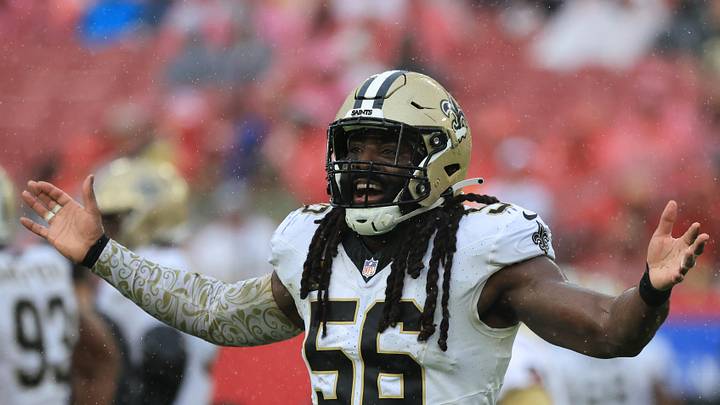 Dec 7, 2025; Tampa, Florida, USA; New Orleans Saints linebacker Demario Davis (56) reacts after a tackle during the second quarter against the Tampa Bay Buccaneers at Raymond James Stadium. Mandatory Credit: Kim Klement Neitzel-Imagn Images