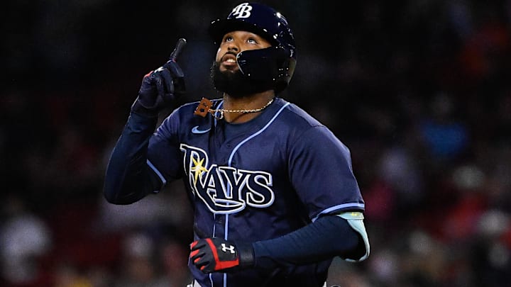 Jul 10, 2025; Boston, Massachusetts, USA; Tampa Bay Rays third baseman Junior Caminero (13) reacts as he runs the bases after hitting a one run home run against the Boston Red Sox during the sixth inning at Fenway Park.
