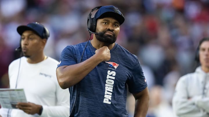 Dec 15, 2024; Glendale, Arizona, USA; New England Patriots head coach Jerod Mayo against the Arizona Cardinals at State Farm Stadium. Mandatory Credit: Mark J. Rebilas-Imagn Images