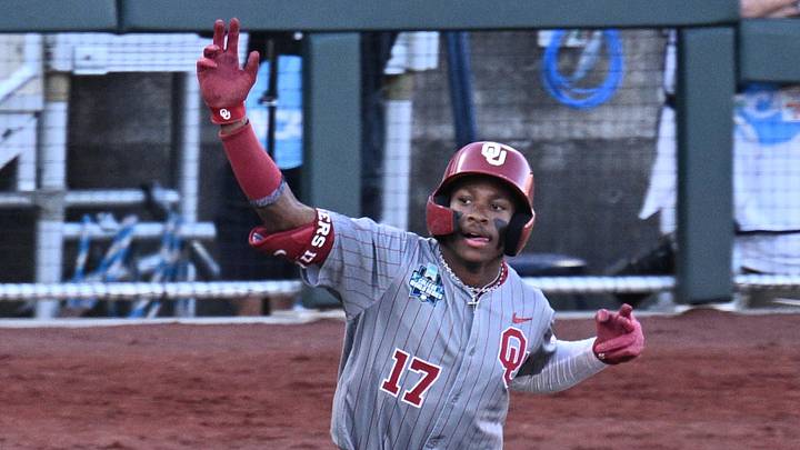 Oklahoma Sooners right fielder Dasan Harris (17) celebrates a home run against the Georgia Bulldogs Oklahoma Sooners right fielder Dasan Harris (17) celebrates a home run against the Georgia Bulldogs