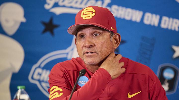 May 31, 2025; Corvallis, OR, USA; USC head coach Andy Stankiewicz takes questions after a game against Saint Mary's at the NCAA Corvallis Regional at Goss Stadium.  
