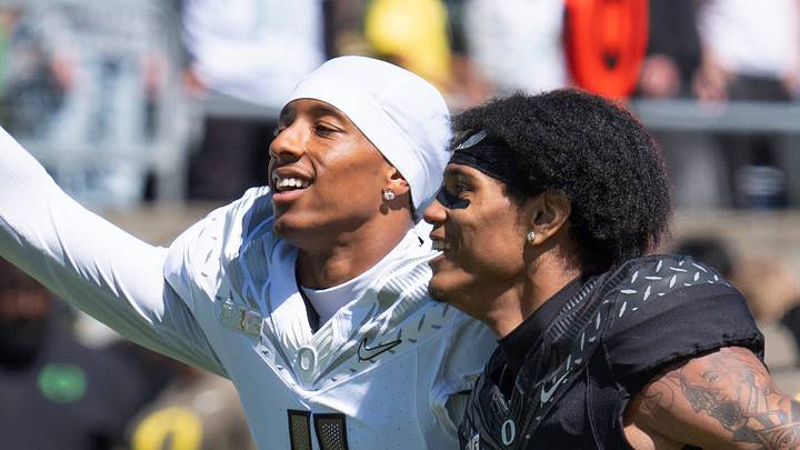 Oregon’s Brandon Finney Jr., left, and Na'eem Offord dance to shout during the Oregon Spring Game at Autzen Stadium in Eugene April 25, 2026 Oregon’s Brandon Finney Jr., left, and Na'eem Offord dance to shout during the Oregon Spring Game at Autzen Stadium in Eugene April 25, 2026