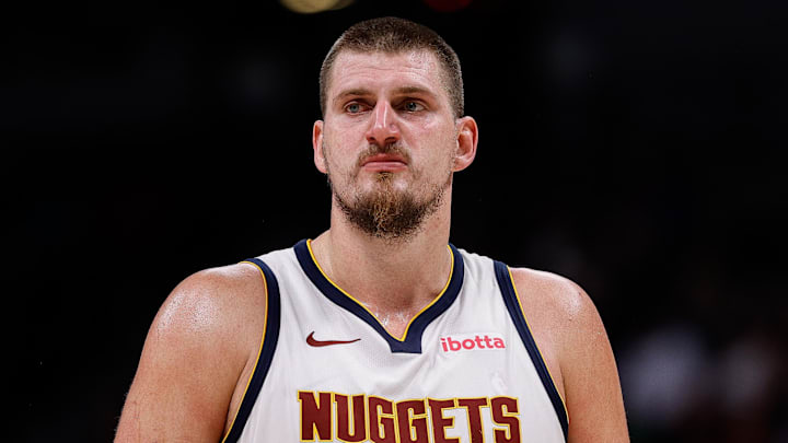 Nov 4, 2024; Denver, Colorado, USA; Denver Nuggets center Nikola Jokic (15) in the fourth quarter against the Toronto Raptors at Ball Arena.