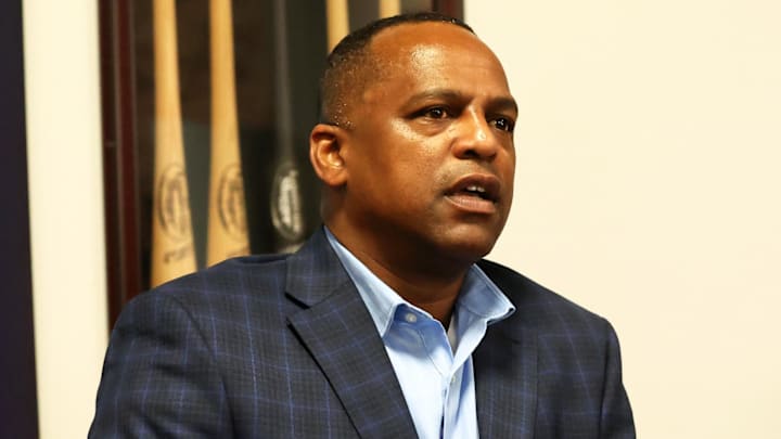 Feb 15, 2024; Tampa, FL, USA; Houston Astros general manager Dana Brown talks with media at George M. Steinbrenner Field