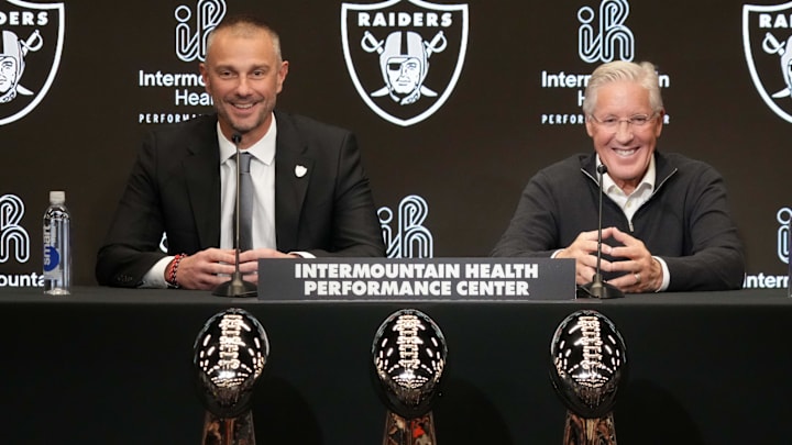 Jan 27, 2025; Las Vegas, NV, USA; Las Vegas Raiders general manager John Spytek (left) and coach Pete Carroll at press conference at Intermountain Health Performance Center. Mandatory Credit: Kirby Lee-Imagn Images Jan 27, 2025; Las Vegas, NV, USA; Las Vegas Raiders general manager John Spytek (left) and coach Pete Carroll at press conference at Intermountain Health Performance Center. Mandatory Credit: Kirby Lee-Imagn Images