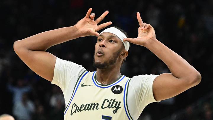 Nov 20, 2025; Milwaukee, Wisconsin, USA; Milwaukee Bucks center Myles Turner (3) reacts after scoring a basket in the 4th quarter against the Philadelphia 76ers at Fiserv Forum. Mandatory Credit: Benny Sieu-Imagn Images