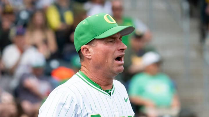 Oregon coach Mark Wasikowski comes out from the dugout to dispute a call as the Oregon Ducks host the Washington Huskies on May 10, 2025, at PK Park in Eugene.
