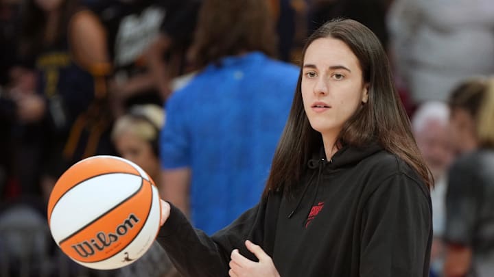Sep 2, 2025; Phoenix, Arizona, USA; Indiana Fever guard Caitlin Clark (22) walks out on to the floor before a game against the Phoenix Mercury at PHX Arena. Mandatory Credit: Rick Scuteri-Imagn Images