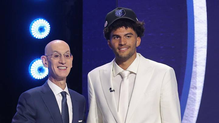 Jun 23, 2026; New York, NY, USA; NBA commissioner Adam Silver greets the third pick in the 2026 NBA draft, Duke forward Cameron Boozer after he was selected by the Memphis Grizzlies at Barclays Center. Mandatory Credit: Brad Penner-Imagn Images