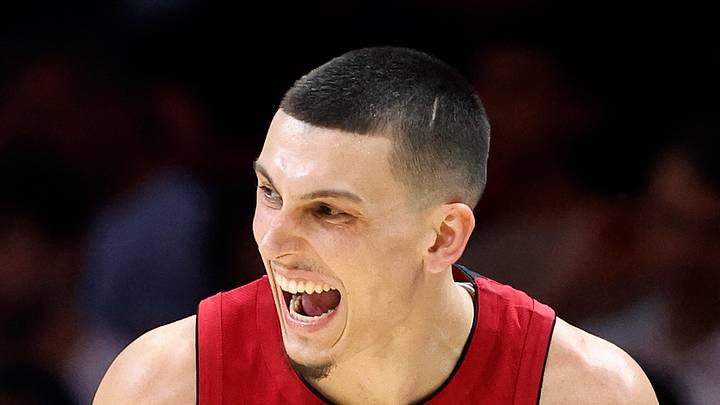 Miami Heat guard Tyler Herro (14) reacts against the Detroit Pistons during the second half at Kaseya Center on Mar 8, 2026.