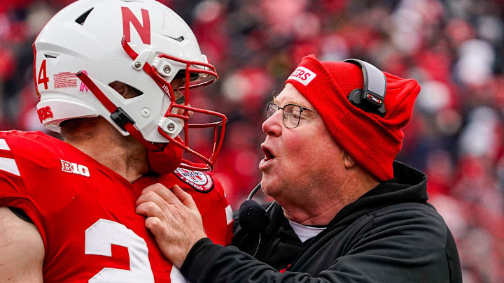 Oct 28, 2023; Lincoln, Nebraska, USA; Nebraska Cornhuskers assistant coach Ed Foley talks to tight end Thomas Fidone II (24) during the second quarter against the Purdue Boilermakers at Memorial Stadium.