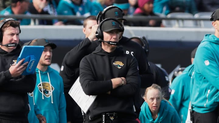 Jan 4, 2026; Jacksonville, Florida, USA; Jacksonville Jaguars head coach Liam Coen watches game play against the Tennessee Titans during the second quarter at EverBank Stadium. Mandatory Credit: Travis Register-Imagn Images