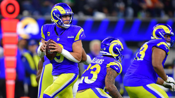 Nov 24, 2024; Inglewood, California, USA; Los Angeles Rams quarterback Matthew Stafford (9) drops back to pass against the Philadelphia Eagles during the second half at SoFi Stadium. Mandatory Credit: Gary A. Vasquez-Imagn Images