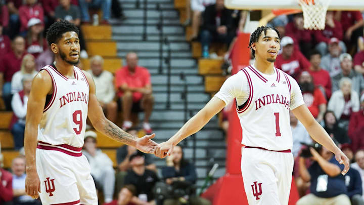 Indiana Hoosiers guards Kanaan Carlyle (9) and Myles Rice (1) against SIU Edwardsville Cougars at Assembly Hall. 