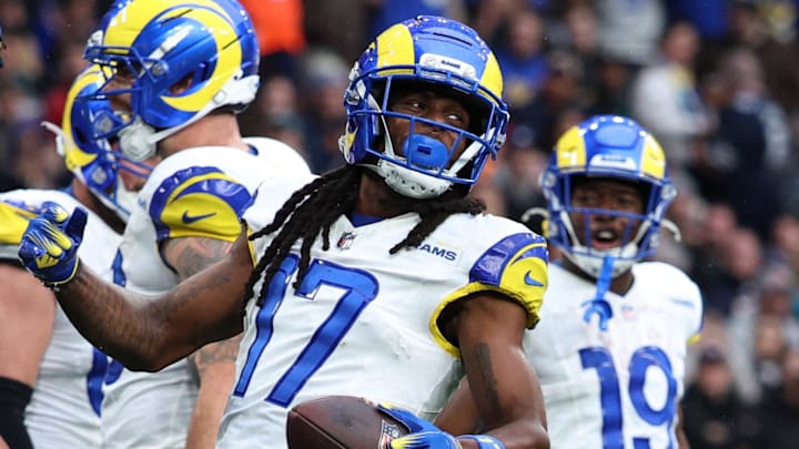 [US, Mexico & Canada customers only] Oct 19, 2025; London, United Kingdom; Los Angeles Rams wide receiver Davante Adams (17) celebrates scoring a touchdown against the Jacksonville Jaguars during the first half during a NFL International Series game at Wembley Stadium. Mandatory Credit: Andrew Boyers-Reuters via Imagn Images