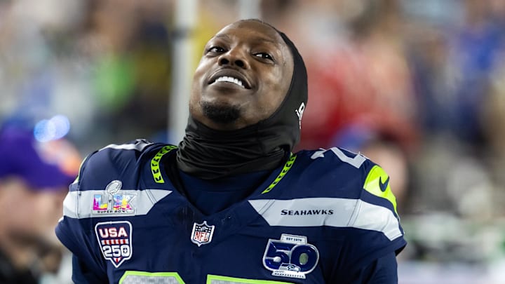 Feb 8, 2026; Santa Clara, CA, USA; Seattle Seahawks cornerback Riq Woolen (27) against the New England Patriots during Super Bowl LX at Levi's Stadium.