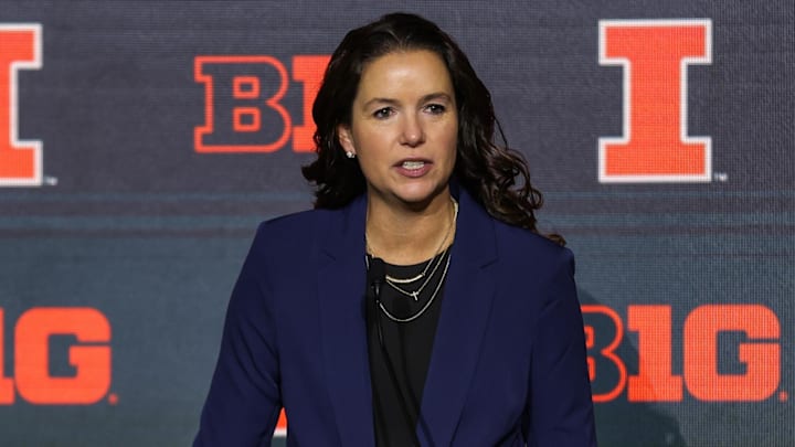 Oct 9, 2023; Minneapolis, MN, USA; Illinois Fighting Illini head coach Shauna Green speaks to the media at the Big Ten Basketball Media Days at Target Center. Mandatory Credit: Matt Krohn-Imagn Images