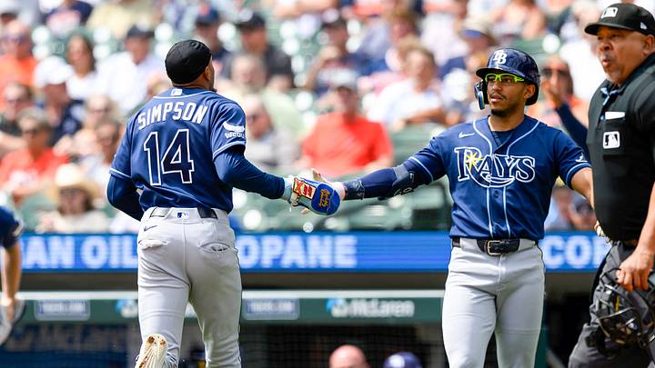 Aug 26, 2026; Detroit, Michigan, USA; Tampa Bay Rays left fielder Chandler Simpson (14) celebrates with second baseman Richie Palacios (right) after scoring a run against the Detroit Tigers in the second inning at Comerica Park. Mandatory Credit: Lon Horwedel-Imagn Images Aug 26, 2026; Detroit, Michigan, USA; Tampa Bay Rays left fielder Chandler Simpson (14) celebrates with second baseman Richie Palacios (right) after scoring a run against the Detroit Tigers in the second inning at Comerica Park. Mandatory Credit: Lon Horwedel-Imagn Images