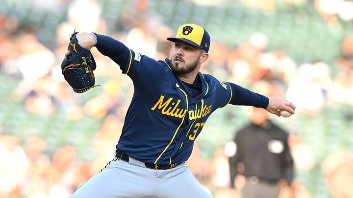 Apr 22, 2026; Detroit, Michigan, USA;  Milwaukee Brewers starting pitcher DL Hall (37)throws a pitch against the Detroit Tigers in the first inning at Comerica Park. Mandatory Credit: Lon Horwedel-Imagn Images
