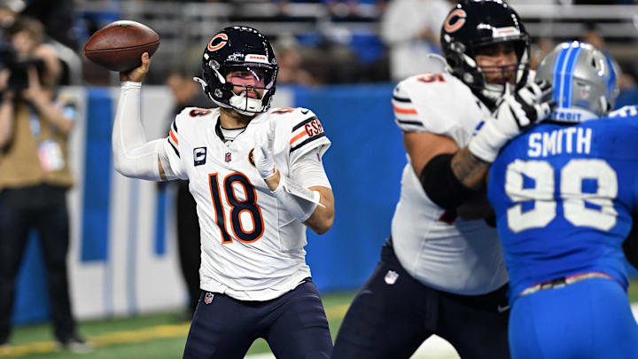 Nov 28, 2024; Detroit, Michigan, USA; Chicago Bears quarterback Caleb Williams (18) throws a pass out of his own end zone against the Detroit Lions in the fourth quarter at Ford Field. Mandatory Credit: Lon Horwedel-Imagn Images