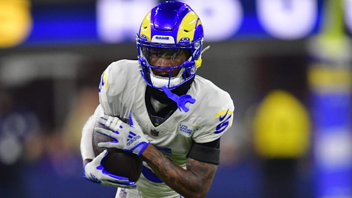 Oct 24, 2024; Inglewood, California, USA; Los Angeles Rams wide receiver Tutu Atwell (5) runs the ball against the Minnesota Vikings during the second half at SoFi Stadium. Mandatory Credit: Gary A. Vasquez-Imagn Images Oct 24, 2024; Inglewood, California, USA; Los Angeles Rams wide receiver Tutu Atwell (5) runs the ball against the Minnesota Vikings during the second half at SoFi Stadium. Mandatory Credit: Gary A. Vasquez-Imagn Images