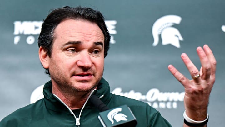 Michigan State coach Jonathan Smith talks the media on the first national signing day for college football recruits Wednesday, Dec. 4, 2024, at Spartan Stadium in East Lansing.