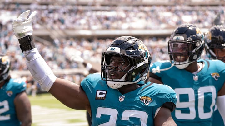 Jacksonville Jaguars linebacker Foyesade Oluokun (23) celebrates his interception during the second quarter of an NFL football game between the Carolina Panthers at Jacksonville Jaguars at EverBank Stadium Sunday September 7, 2025. [Doug Engle/Florida Times-Union]