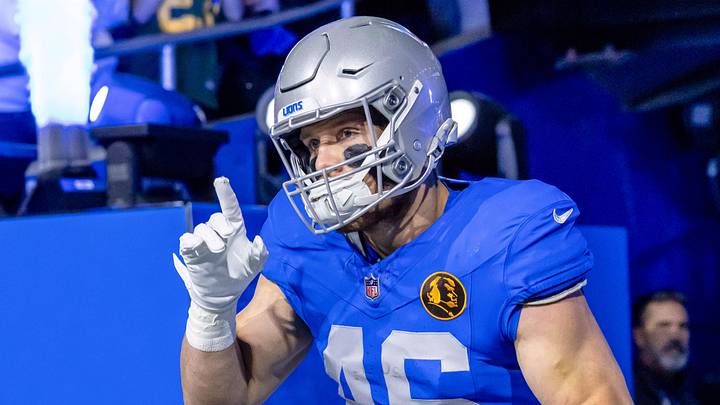 Nov 27, 2025; Detroit, Michigan, USA; Detroit Lions linebacker Jack Campbell (46) runs onto the field prior to the game against the Green Bay Packers at Ford Field. Mandatory Credit: David Reginek-Imagn Images