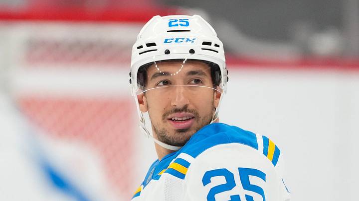 Mar 12, 2026; Raleigh, North Carolina, USA; St. Louis Blues right wing Jordan Kyrou (25) looks on during the warmups before the game against the Carolina Hurricanes at Lenovo Center. Mandatory Credit: James Guillory-Imagn Images Mar 12, 2026; Raleigh, North Carolina, USA; St. Louis Blues right wing Jordan Kyrou (25) looks on during the warmups before the game against the Carolina Hurricanes at Lenovo Center. Mandatory Credit: James Guillory-Imagn Images