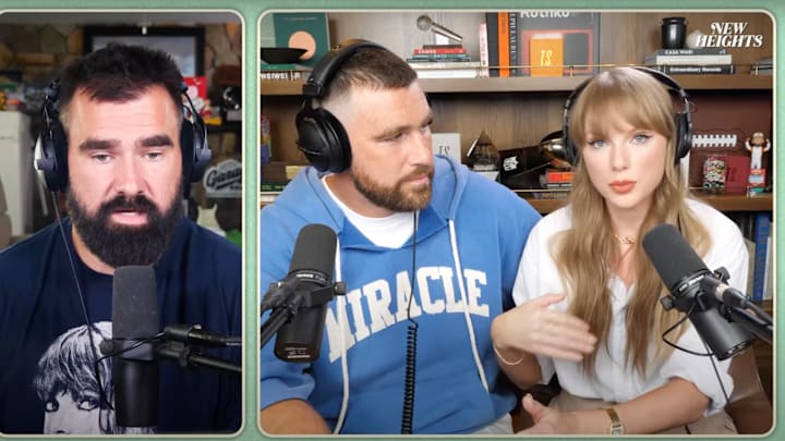 Taylor Swift on "New Heights" with Jason Kelce and Travis Kelce.